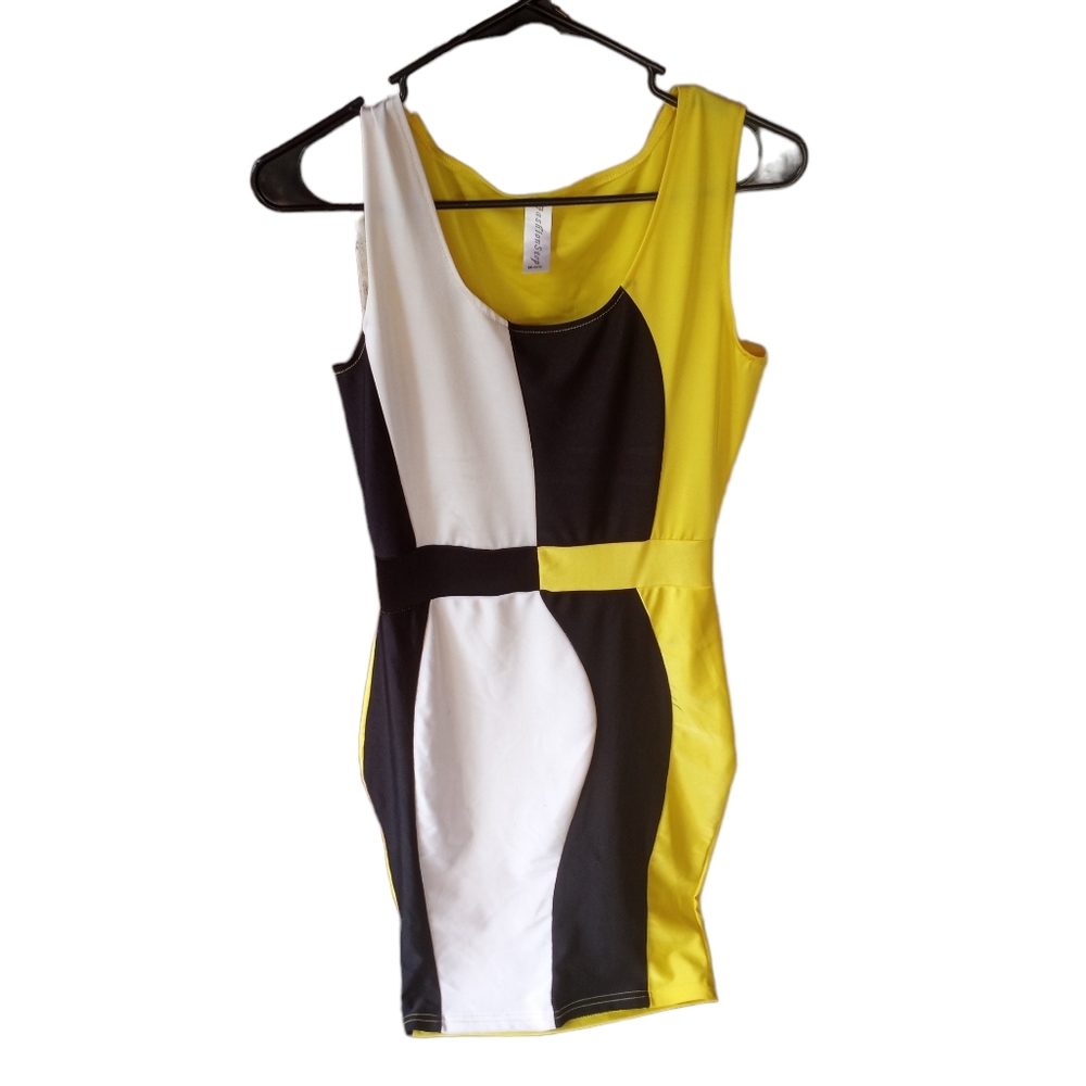 Fashion step yellow black white bodycon dress
